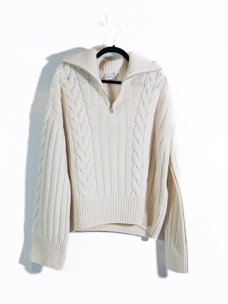 Moncler Women's 100% Cashmere Cable Knit Quarter Zip Spread Collar Sweater Ivory